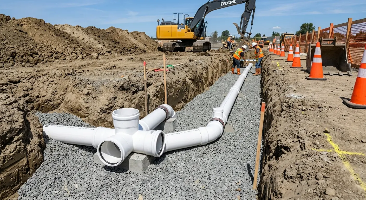 New PVC sewer pipe installation in open trench for Sewer Backup in Moosic