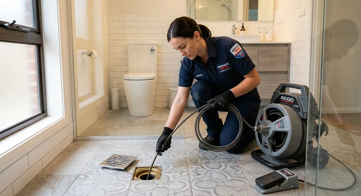 Technician clearing a bathroom floor drain for Drain Cleaning in Moosic